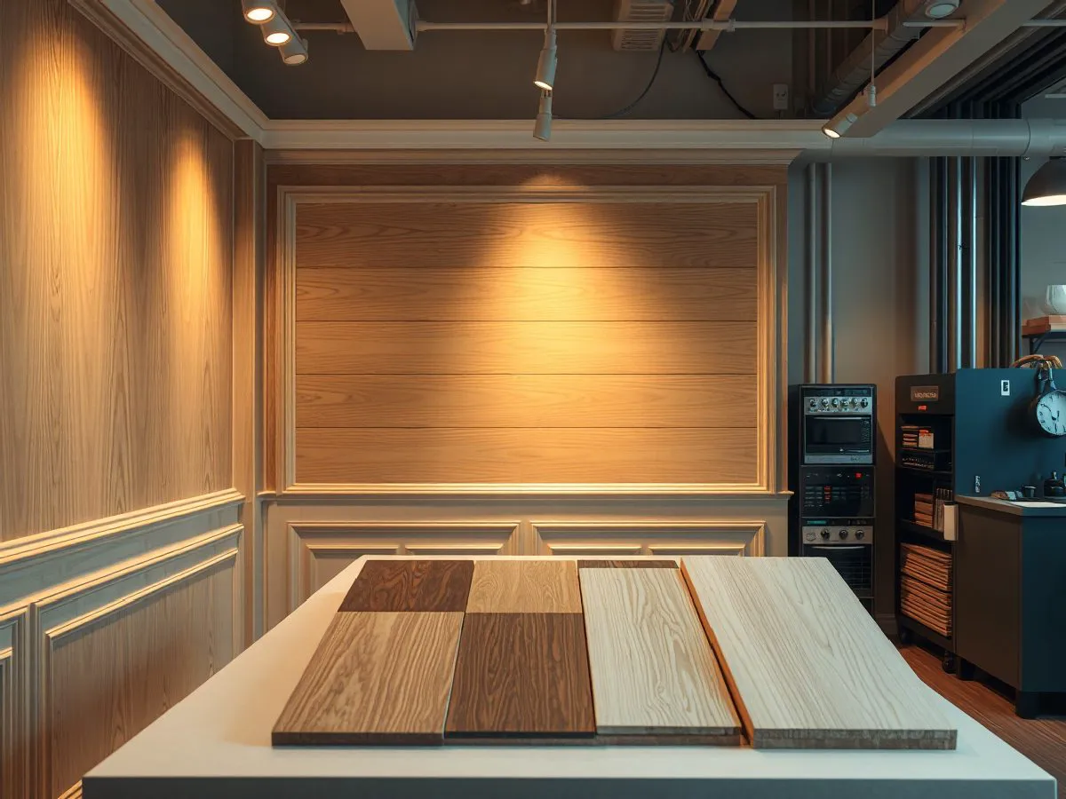 实木护墙板安装效果展示,多种木纹和线条样式