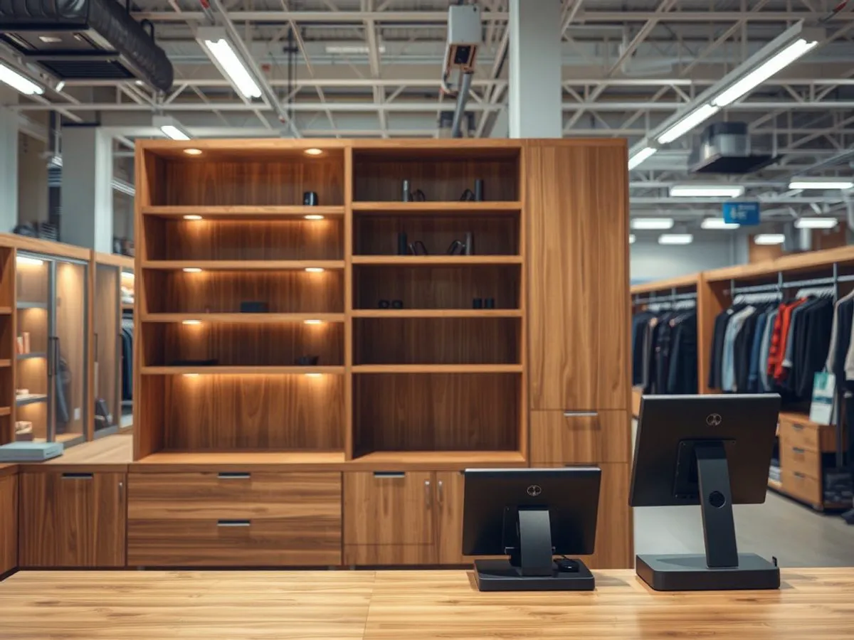 商业门店内的定制实木展示柜和收银台,展示模块化设计与品牌形象统一